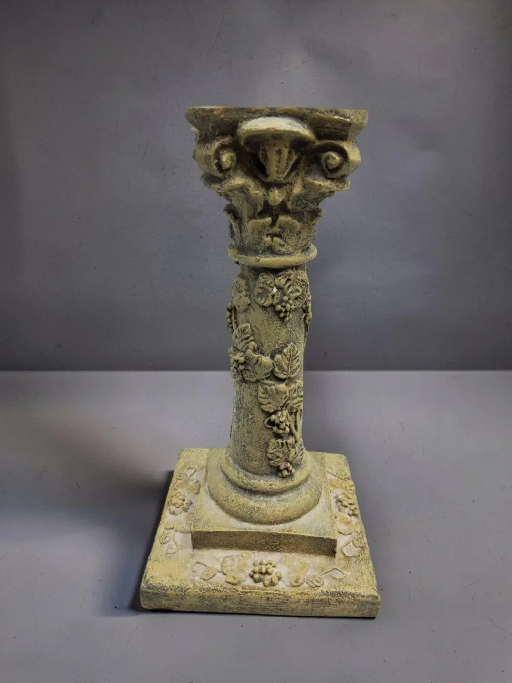 vintage antiqued resin column grape vine design candle stick holder